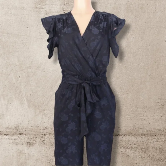 Midnight Navy Floral Jacquard V-neck Wrap Jumpsuit XS - Picture 7 of 8